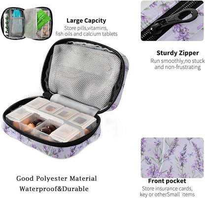 Fustylead Watercolor Vintage Lavender Flowers Travel Pill Organizer Case Zipper for Purse with Removable Weekly Pill Box for Medicine, Vitamin, Supplement Medicine Organizer
