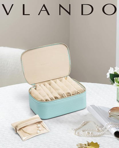 Vlando Jewelry Travel Organizer with 8 Velvet Jewelry Bags Travel Jewelry Storage Box Jewelry Case for Necklace Rings Earrings Trendy Christmas Birthday Graduate Gifts for Women-Lake Blue