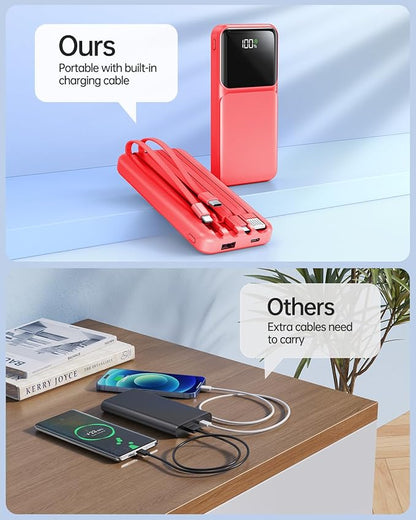 Portable Charger with Built in Cable - 22.5W Power Bank Fast Charging USB C 10000mAh LED Display Travel Battery Pack 5 Outputs & 3 Inputs for iPhone Samsung Android iPad Phones Tablets etc