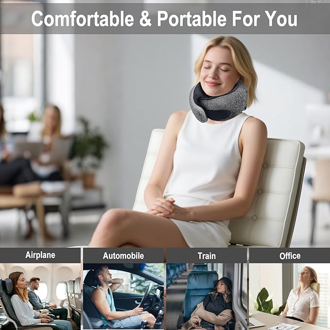 Travel Neck Pillow for Airplanes, 100% Memory Foam Neck Pillow for Sleeping, 360° Neck Support Pillow, Compact and Ergonomic Design for Travel, Car Rides, Airport (Dark Grey)
