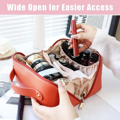 Personalized Travel Makeup Bag, Customized Large Capacity Cosmetic Bag with Printed Name Initials, PU Leather Toiletry Bag for Women, Wide Open Portable Pouch with Divider and Handle, Mothers Day Gift