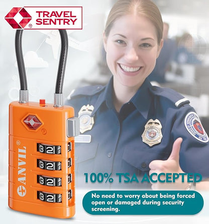 ANVIL 4 Digit Luggage Locks, TSA Locks for Luggage, Advanced TSA008 core, Alert Indicator for Your Travel Lock, Suitcase Lock. (3, Orange)