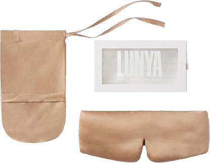 Lunya Weighted Silk Sleep Mask – Mulberry Silk Eye Cover with Cooling Glass Beads, Noise-Reducing Fit, Washable Fabric, and Travel Pouch – Sleeping Mask for Men and Women - Hushed Tan - Small