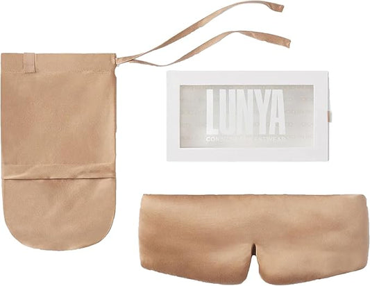 Lunya Weighted Silk Sleep Mask – Mulberry Silk Eye Cover with Cooling Glass Beads, Noise-Reducing Fit, Washable Fabric, and Travel Pouch – Sleeping Mask for Men and Women - Hushed Tan - Small