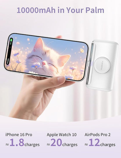 RORRY Mini Portable Charger USB C, 10000mAh PD 22.5W Fast Charging Small Power Bank, Travel Essential Battery Pack for iPhone 17/16/15 Series and Apple Watch Ultra/11/10/9/SE, iPad, White