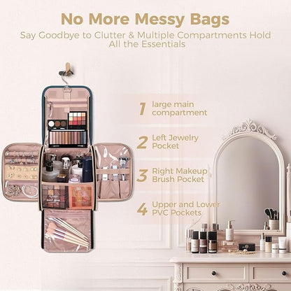 Hanging Toiletry Bag & Makeup Bag for Women with Jewelry Organizer - TSA Approved Large Capacity Travel Cosmetic Organizer, Waterproof Shower Essentials Case with Transparent Pockets