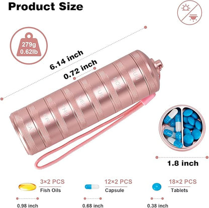 XHT Pink Weekly Metal Pill Organizer 7 Day 2 Times a Day – Aesthetic Waterproof AM PM Travel Pill Box, Heavy Duty Pill Holder and Medicine Pill Organizer for Vitamins, Fish Oil & Supplements