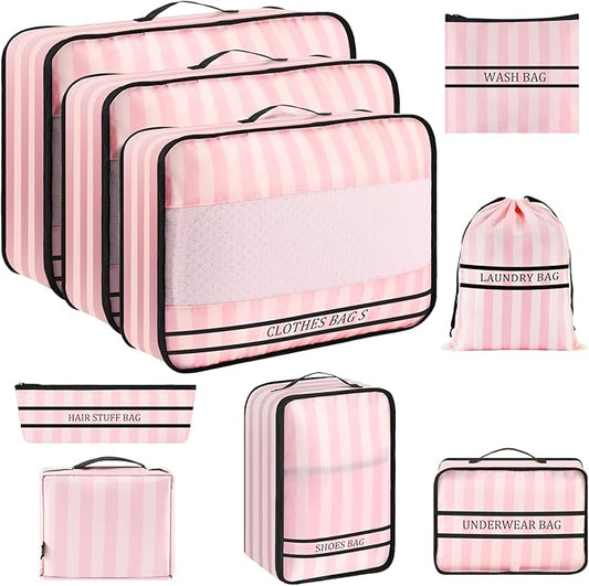 9 Set Packing Cubes Luggage Packing Organizers for Travel Accessories Space Saving Travel Bags for Carry On, Lightweight Mesh Zipper, Clothes, Shoes and Laundry Bag, Suitcases (Pink Streak)