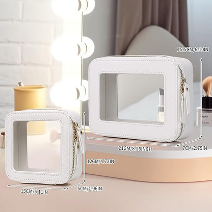 Pinkmik Clear Makeup Bag Waterproof Travel Case for Cosmetics and Toiletries Women's Purse Organizer and Clear Car Bag with Zipper (White, M+MINI)