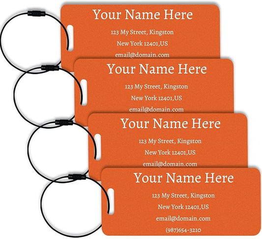 Luggage Tags for suitcases Tags Pack of 4 Personalized Luggage Tags Double Sided Laser Engraving Metal Luggage Tag and Stainless Loops Customizable Luggage Tag Cruise Luggage tag (Orange, Small)