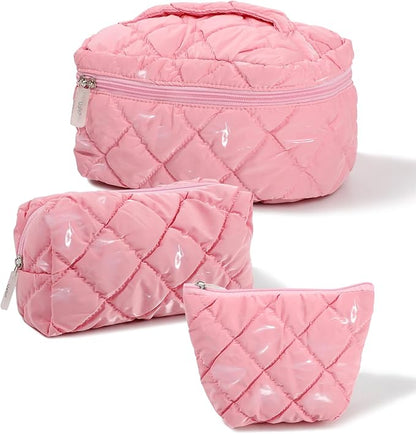 Travel Makeup Bag for Women, Large Waterproof Cosmetic Organizer with 3-piece Set, Toiletry Bag for Gym/College/Gifts | Cute Aesthetic Design (Pink)