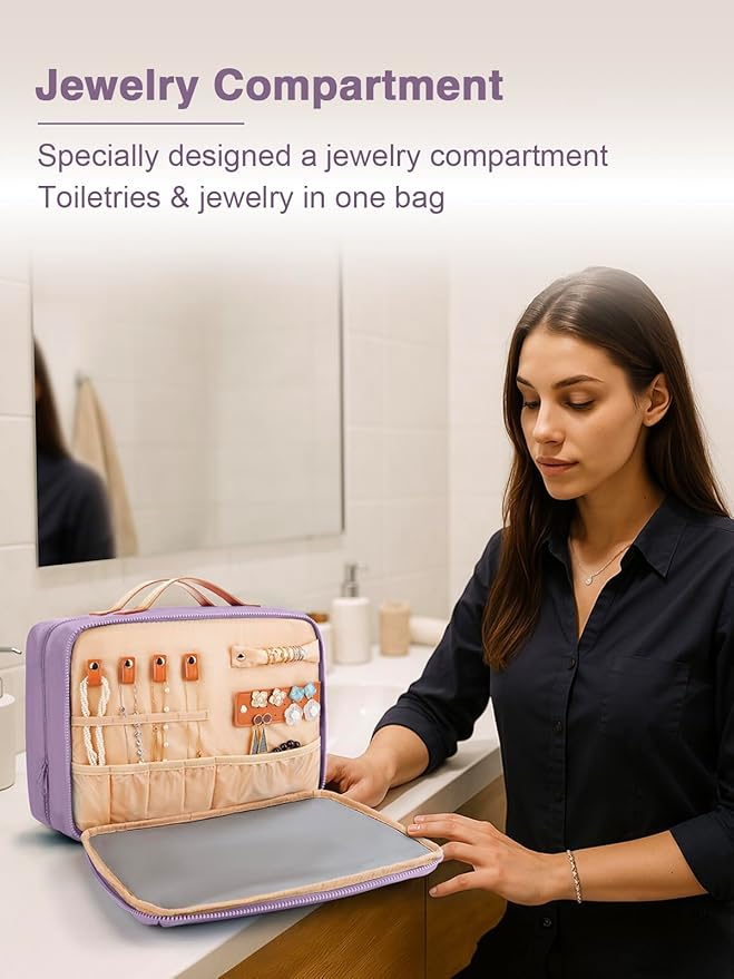 Women's Hanging Toiletry Bag, Waterproof Travel Cosmetic Organizer with Jewelry Storage, Large Capacity Makeup Case for Full-Size Skincare & Bathroom Essentials, Portable Cosmetic kit, Purple