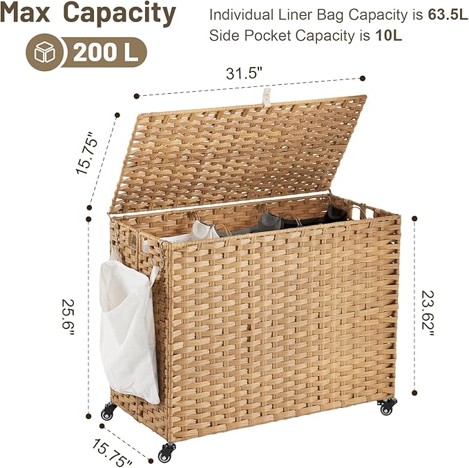 Laundry Hamper with Wheels, 52.8 Gallon(200L) Rolling Laundry Basket with Lid, Removable Large 3 Color Liners & 3 Mesh Laundry Bags, Clothes Hamper with Side Pocket, Natural