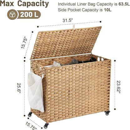 Laundry Hamper with Wheels, 52.8 Gallon(200L) Rolling Laundry Basket with Lid, Removable Large 3 Color Liners & 3 Mesh Laundry Bags, Clothes Hamper with Side Pocket, Natural