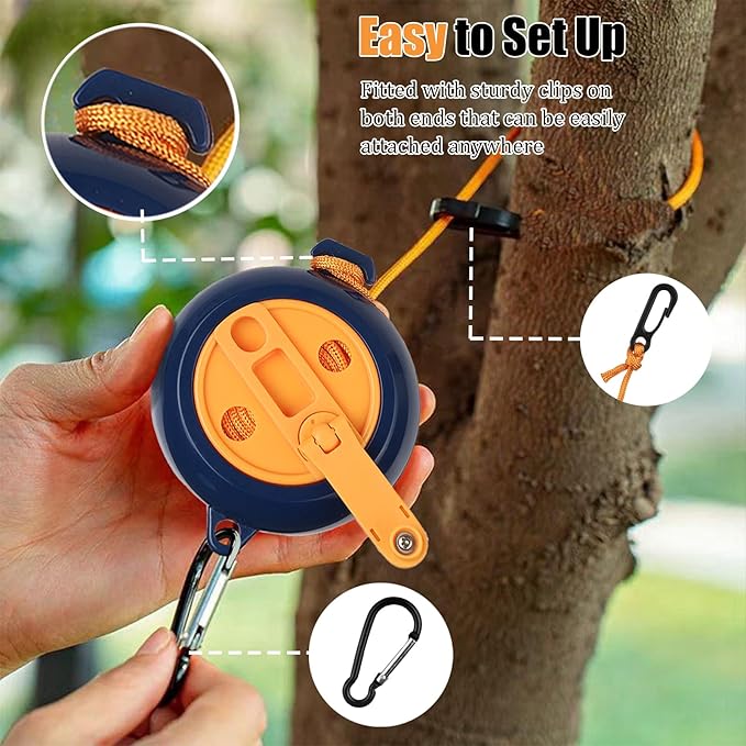 32Ft Portable Travel Clothesline Caudblor Adjustable Camping Clothes Laundry Drying Rope for Hotel Trip, Cruise, Outdoor/Indoor with 10 Windproof Clips, 10 Clothespins, 1 Storage Bag（Blue）