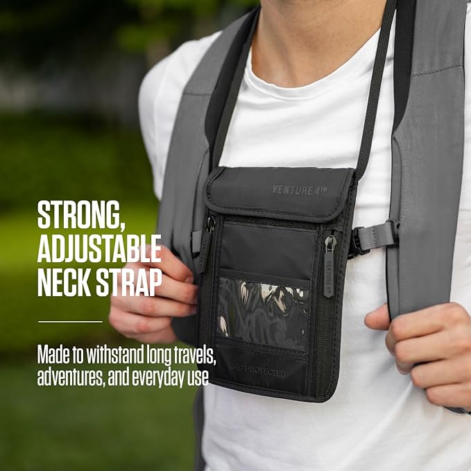 VENTURE 4TH Neck Wallet, RFID Blocking Passport Holder for Travel – Hidden Neck Pouch with 5 Compartments, Slim Lightweight Organizer with Adjustable Strap for Cash, Cards & Passport (Sleek Silver)