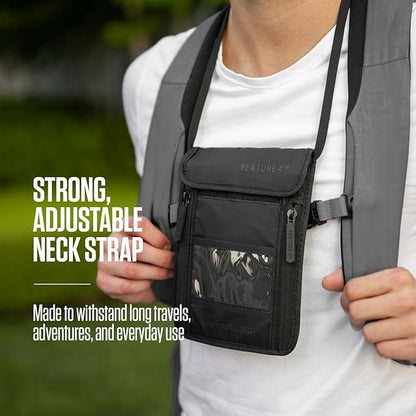VENTURE 4TH Neck Wallet, RFID Blocking Passport Holder for Travel – Hidden Neck Pouch with 5 Compartments, Slim Lightweight Organizer with Adjustable Strap for Cash, Cards & Passport (Sleek Gray)