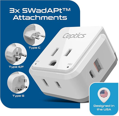 Ceptics European Plug Travel Adapter Set, 20W PD & QC, Safe Dual USB & USB-C - 2 USA Socket - Compact - Use in Germany, France, Italy, UK - Includes Type E/F, Type C, Type G SWadAPt Attachments