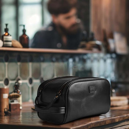 LEATHER VILLAGE Premium Leather Toiletry Travel Pouch With Waterproof Lining - Black | King-Size Handcrafted Vintage Dopp Kit Bag, Shaving & Bathroom Organizer, Gift for Men & Women