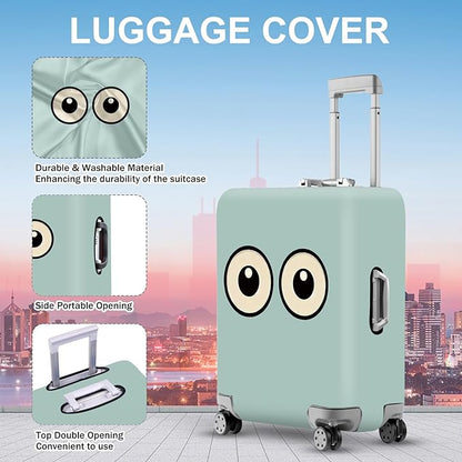ANNA QUEEN Funny Cartoon Eyes Luggage Cover, Teal Suitcase Protector with Cute Big Eyes Design, Travel Suitcase Cover for 32-34 Inch Luggage, Stretchable & Washable Spandex Travel Accessories