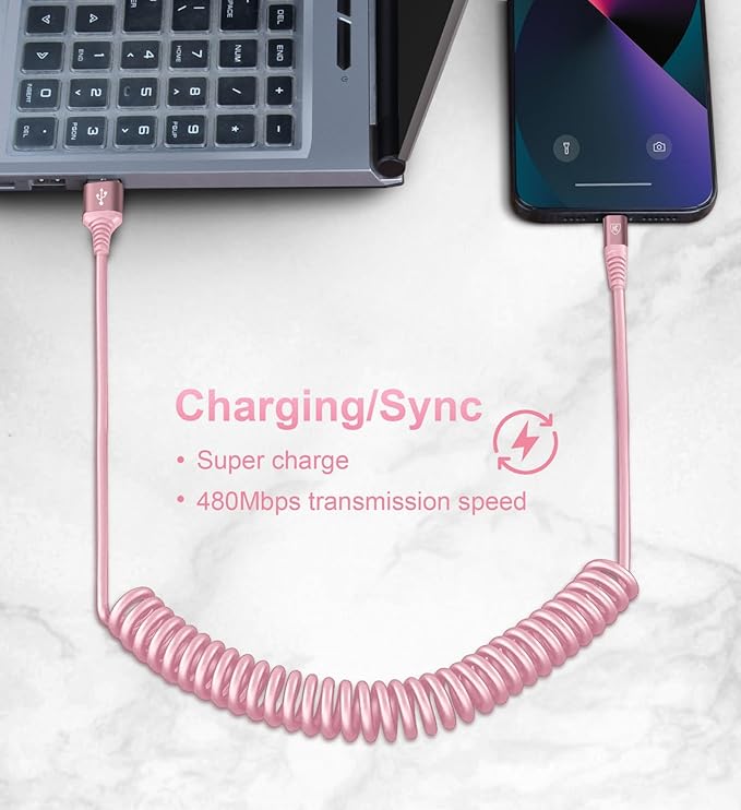 iPhone Charger Cable for Car 3FT, 2Pack Coiled Coiled Lightning Cable [Apple MFi Certified] iPhone Cable Compatible with iPhone14/13/12/11 Pro Max/XS MAX/XR/XS/X/8/7/Plus-Pink