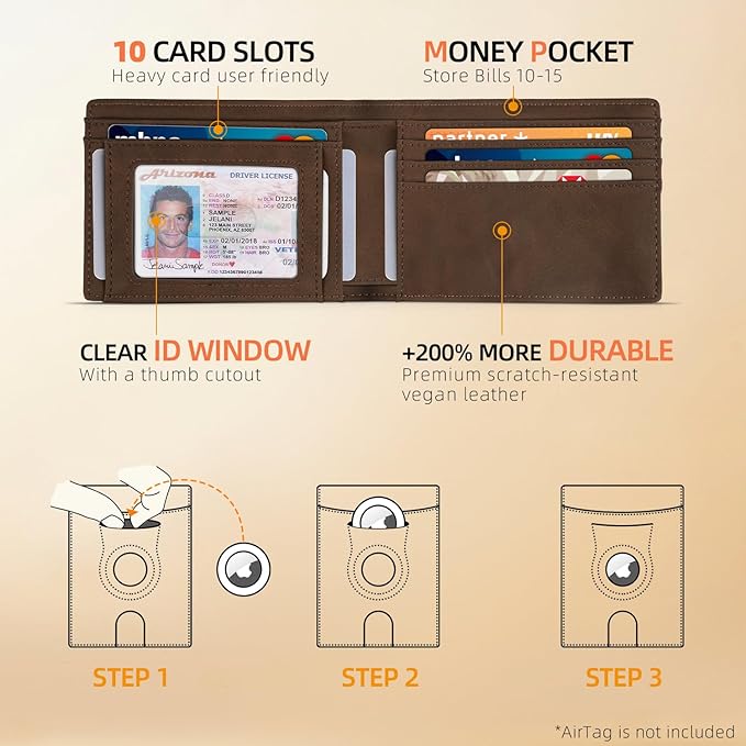 RUNBOX AirTag-Wallet-Mens-Slim-RFID Blocking Wallets Leather with Bill Compartment Air Tag Bifold Card Holder Wallet Gifts for Men Dad