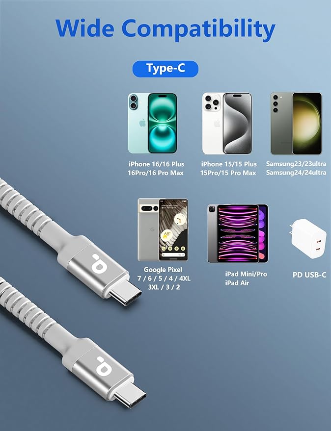 USB C to C Cable 3A Fast Charging [2 Pack, 6FT] USB Type C Cable Upgraded Extra Durable Braided USBC Cord iPhone USB C Charger for iPhone 17/16/15/Pro Max/Samsung Galaxy S23/LG and More-Silver