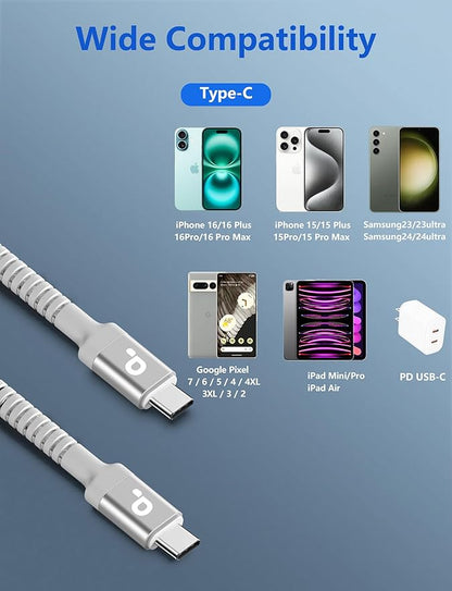 USB C to C Cable 3A Fast Charging [2 Pack, 6FT] USB Type C Cable Upgraded Extra Durable Braided USBC Cord iPhone USB C Charger for iPhone 17/16/15/Pro Max/Samsung Galaxy S23/LG and More-Silver