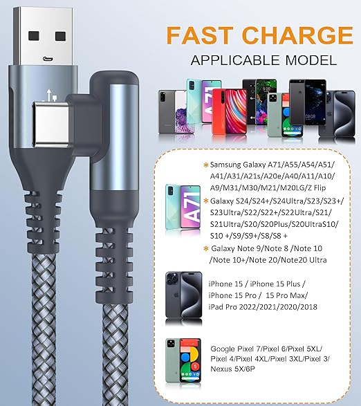 sweguard USB Type C Charger Cable Right Angle [2-Pack,5FT] 3.1A Nylon Braided Cord for iPhone 17 16 15 Pro Max Plus iPhone Air Samsung Galaxy S25 S24 S23 S22 S21 S20 Note 20 A15 Flip Pixel LG Moto