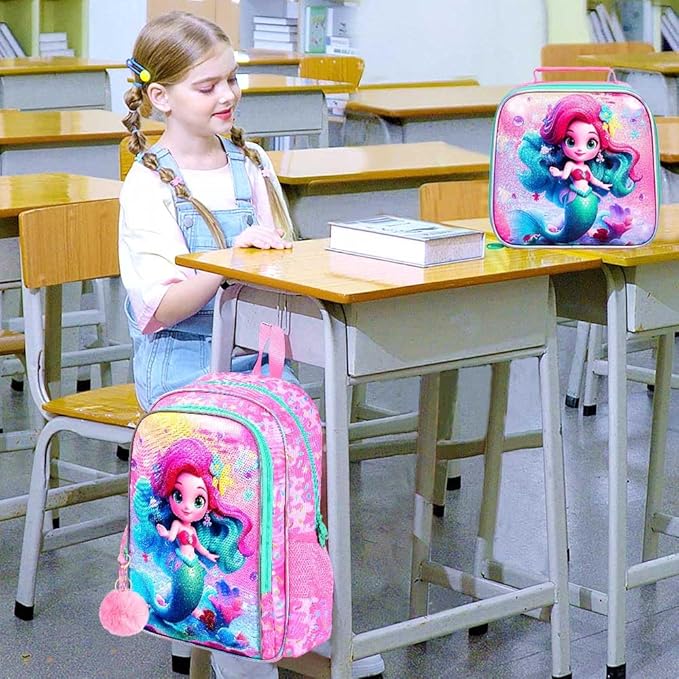 WZLVO 3PCS Mermaid Backpack for Girls, 16'' Kids Preschool Bookbag with Lunch Box, Cute Water Resistant School Bag Set for Elementary Kindergarten Toddler