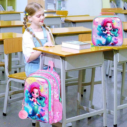 WZLVO 3PCS Mermaid Backpack for Girls, 16'' Kids Preschool Bookbag with Lunch Box, Cute Water Resistant School Bag Set for Elementary Kindergarten Toddler