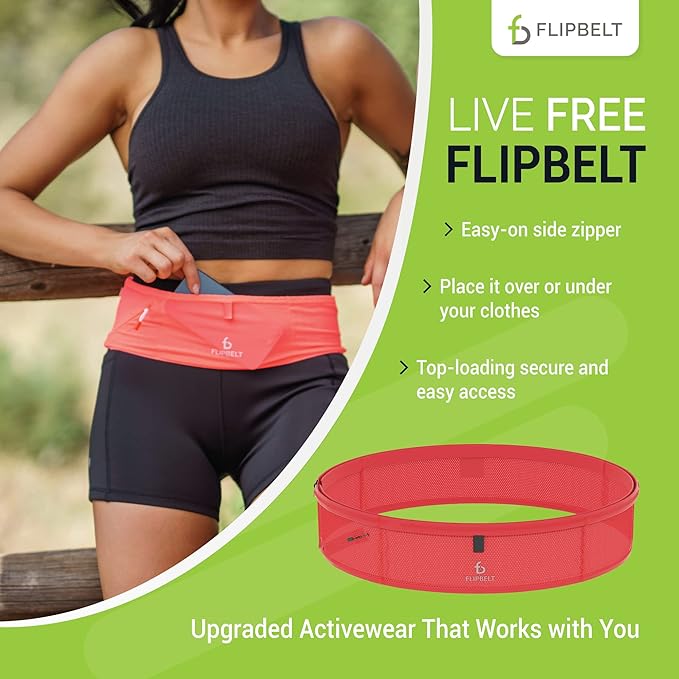 FlipBelt Lightweight Running Air Belt, Fitness and Running Fanny Pack for Women and Men, Non Chafing Waist Band Pack for Phone, Keys, Money, Moisture Wicking Storage Belt, USA Company Neon Punch