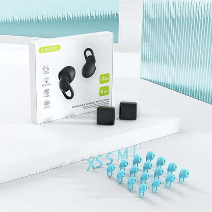 Silicone Ear Plugs for Noise Reduction - Reusable Soft Comfortable Earplugs for Sleeping,Noise Sensitivity & Flights -16 Ear Tips in XS/S/M/L, with 2 Travel Boxes - 33dB Noise Cancelling (Light Blue)