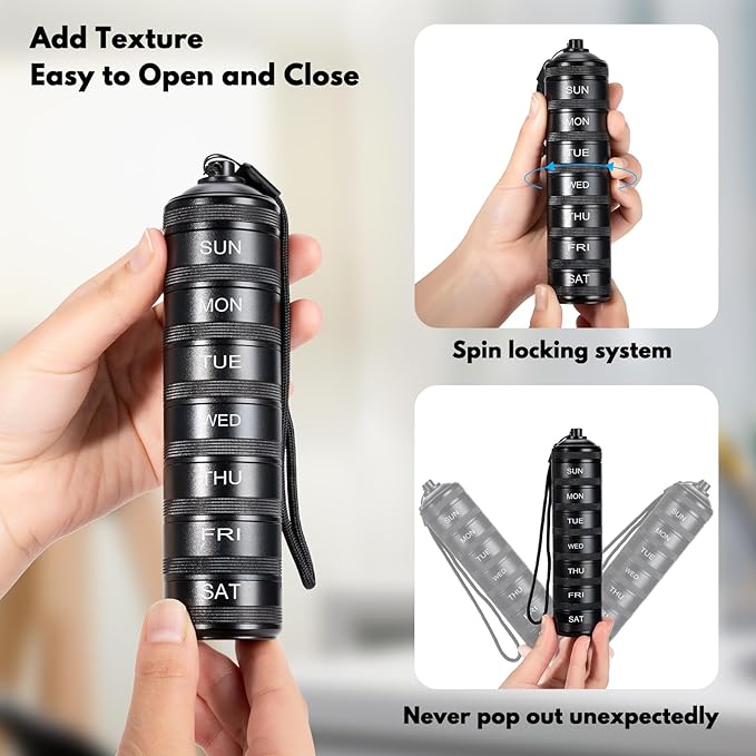 Weekly Metal Travel Pill Organizer - 7 Day Pill Box, Waterproof Pill Case, Aluminum Alloy Pill Container, Portable Pill Holder for Medicine, Supplement, Fish Oil