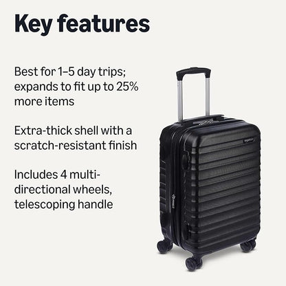 Amazon Basics 21" Hardside Carry-On Luggage, Hardshell Suitcase With Wheels, Expandable For Up to 25% More Space, With Scratch-Resistant Surface, Four Multi-directional Wheels, Black