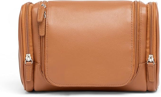 Leatherology Cognac Small Hanging Toiletry Kit – Compact Leather Travel Organizer with Interior Zip Pockets, Mesh Pouches & Hanger | Full-Grain Leather Toiletry Bag for Men & Women