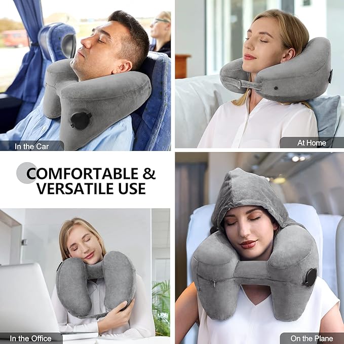 Sunany Neck Pillow for Travel Inflatable Airplane Pillow Comfortably Supports Head,Neck and Chin,Inflatable Travel Pillow with Soft Velour Cover,Hat,Portable Drawstring Bag (Grey)