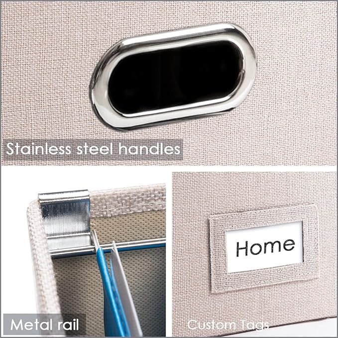 PRANDOM File Organizer Box - Set of 2 Collapsible Decorative Linen Filing Storage Hanging File Folders with Lids Office Cabinet Letter Size Light Grey (14x9.3x10.8 inch)
