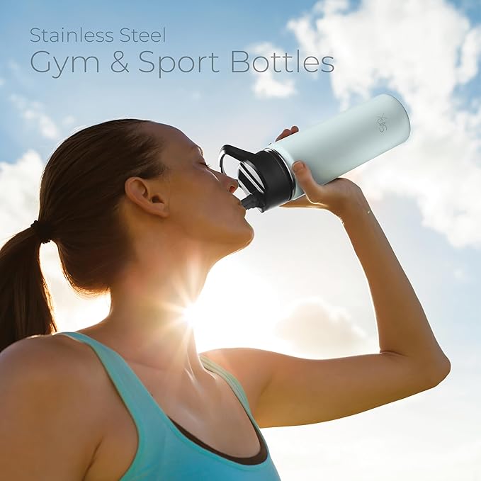 SipX™ Triple-Insulated Stainless Steel Water Bottle 18oz. With 3 Lids, BPA-Free Reusable Insulated Water Bottle Keeps Cold 24 Hours, (Blue)