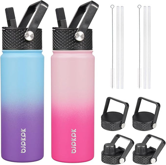 BJPKPK 2 Pack Insulated Water Bottles with Straw Lids, 22oz Stainless Steel Metal Water Bottle with 6 Lids, Leak Proof BPA Free Jugs, Cups, Flasks for Travel, Sports (Cherry+Ocean Dream)