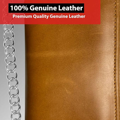 IBRO Long Bifold RFID Blocking Motorcycle Chain Wallet for Men Tan Crunch