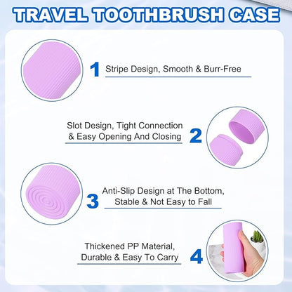 uxcell 2Pcs Travel Toothbrush Case, 7.9x2.4x2.4 Portable Travel Toothbrush Holder with Stripe, Plastic Toothpaste Container for Bathroom, Gym, Business Trip, Camping, Purple