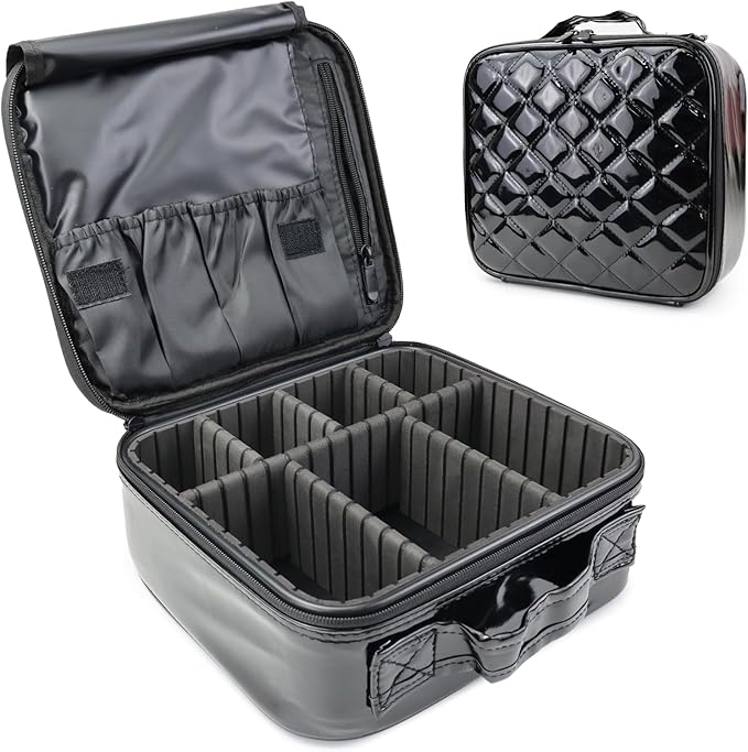 Travel Makeup Bag Makeup Cosmetic Train Case Organizer Portable Storage Bag with Adjustable Dividers for Cosmetics Makeup Brushes Toiletry Jewelry Black Laser Grid Pattern