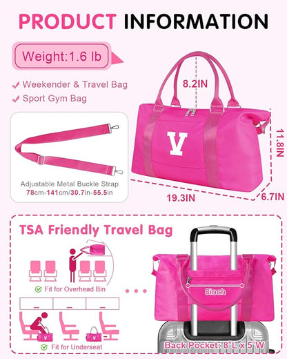 Overnight Bag for Kids Teen Girls Weekender Dance Bag Birthday Graduation Gifts,Initial Travel Duffel Bag Sports Gym Bag Personalized Weekender Bag Carry On Bags Preppy Gifts for Women(Hot Pink, V)