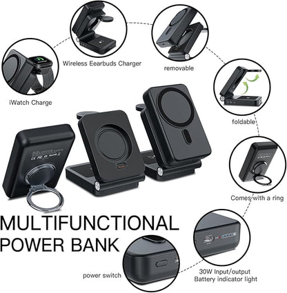 HUOTO 3 in 1 Foldable Magnetic Wireless for iPhone Charging Station,10000mAh Portable Charger Power Bank with Stand for MagSafe Battery Pack for iPhone 17/16/15/14/13/12 Series/Apple Watch/Air pods
