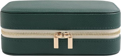 Genuine Leather Travel Jewelry Organizer Case with Mirror for Women, Small Mini Portable Jewelry Box for Ring Earrings Necklace Bracelet Luxury Gift for Women（Dark Green）