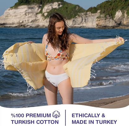 Turkish Beach Towels, Bulk Case of 12 | Oversized, Quick Dry, Sand Free | 100% Cotton, Large 38x71 Towels for Beach, Pool, Travel | Ultra-Soft, Compact, Absorbent | Yellow