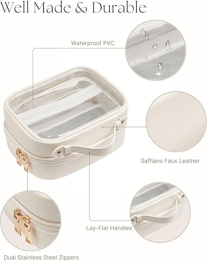 Clear Cosmetic Bag Double Layer Travel Toiletry Bag Clear Makeup Bag Case with 4 Compartments, Transparent Travel Bag for Toiletries, Large Toiletry Bag for Women Cosmetic Case (White, Small)