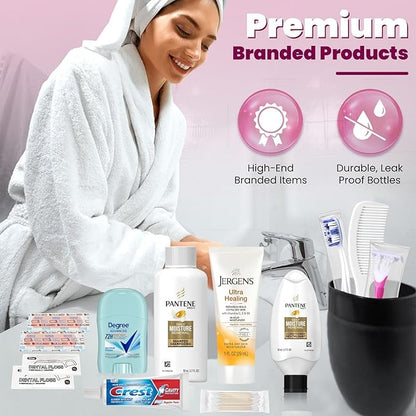Trektote Bulk Hygiene Kit For Women – (50 Pack) 15 Piece Set – Featuring Top Trusted Brands, TSA Compliant, Bulk Travel Essentials, Includes Shampoo And Conditioner, Body Wash, Toiletry Bag & More