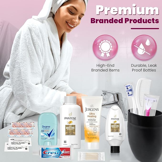 Trektote Bulk Hygiene Kit For Women – (25 Pack) 15 Piece Set – Featuring Top Trusted Brands, TSA Compliant, Bulk Travel Essentials, Includes Shampoo And Conditioner, Lotion, Toiletry Bag & More